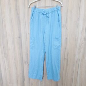 Love Tree Womens Linen Cargo Pants M Blue Drawstring Straight Leg Coastal Summer
